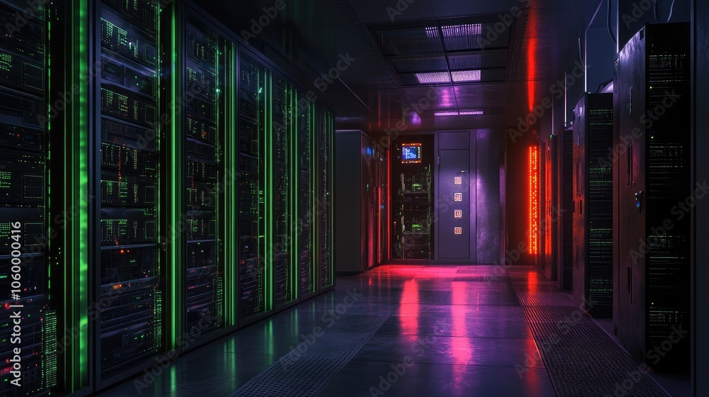 Poster exploring the futuristic aesthetic of a high-tech data center with vibrant lighting and sleek design