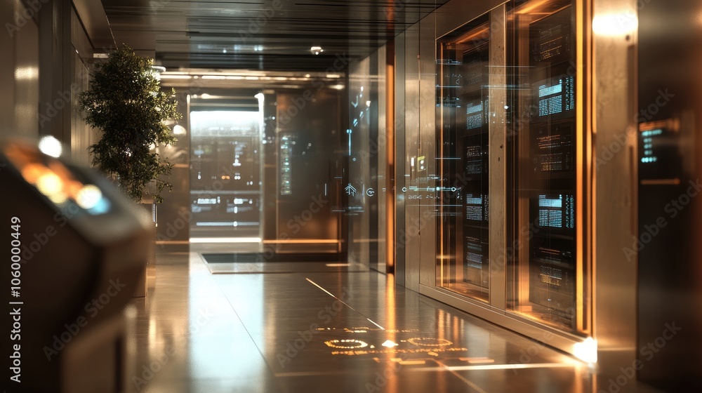 Poster futuristic data center corridor showcasing advanced server technology and digital interfaces