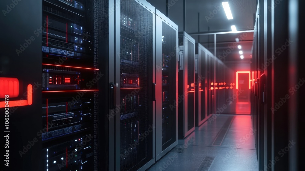 Poster exploring a futuristic data center with advanced technology and high security features