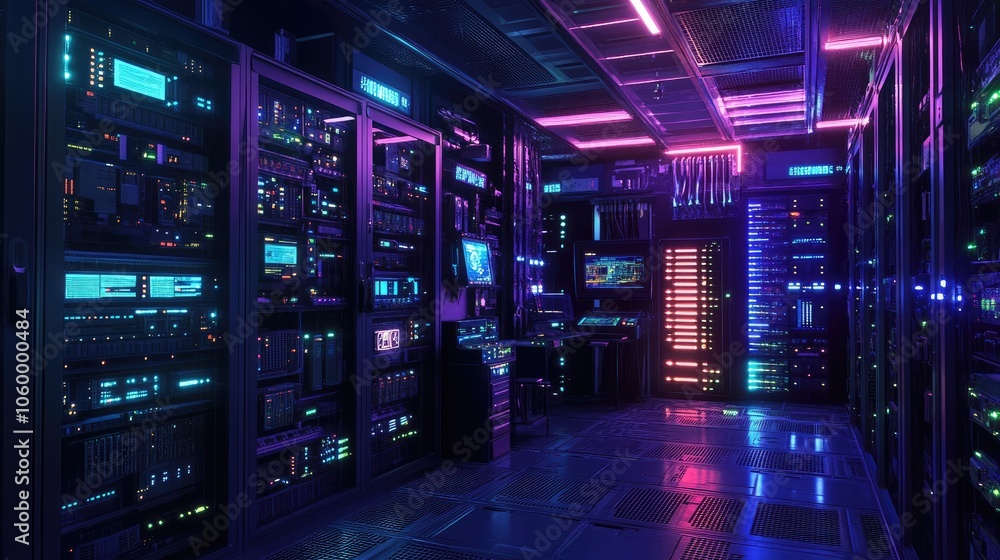 Poster exploring the vibrant world of data centers a glimpse into high-tech infrastructure and neon aesthet