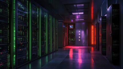 Exploring the futuristic aesthetic of a high-tech data center with vibrant lighting and sleek design