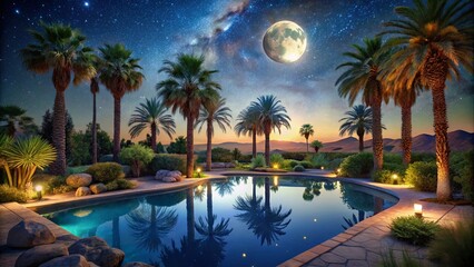 Fototapeta premium A Serene Oasis Under a Starry Sky, Palm Trees Reflecting in the Still Water of a Pool