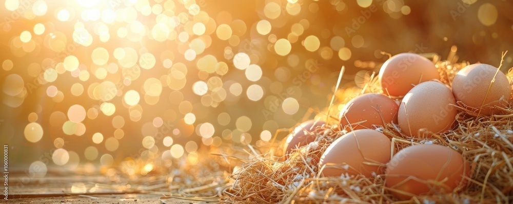 Wall mural Fresh eggs in a nest at sunset