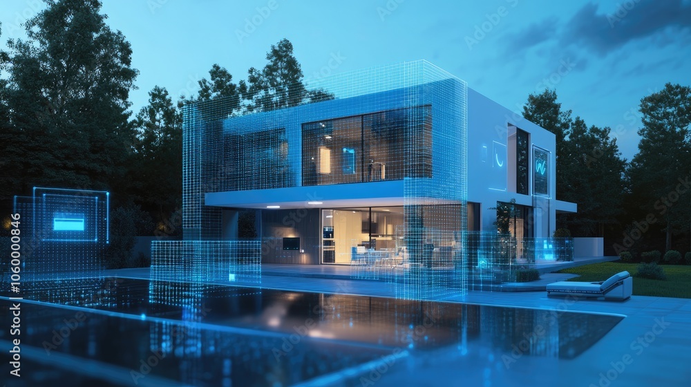 Poster futuristic smart home design with digital elements and pool at dusk