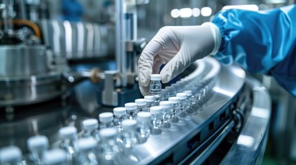 Naklejka premium Lab Technician Handling Pharmaceutical Vials on Automated Production Line in Modern Laboratory Facility