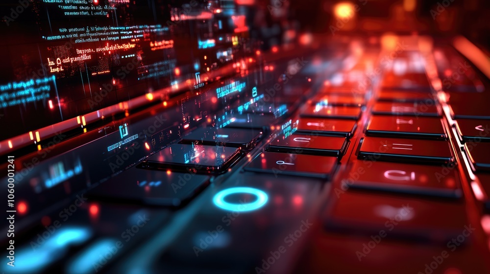 Poster exploring the interplay of light and technology a close-up on a high-tech keyboard and display inter