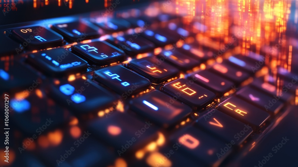 Poster the futuristic glow of a high-tech keyboard exploring the intersection of technology and digital inn