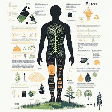 Infographic depicting human anatomy and its connection with nature and trees.