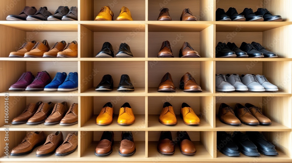 Poster a neatly organized shoe display featuring various styles and colors.