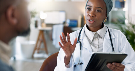 Black woman, doctor and tablet with consultation, medical and digital patient results with advice....