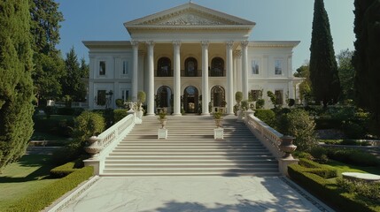 Obraz premium A historic white palace of arts with grand columns and a beautiful garden, set in a park under a clear sky, capturing the essence of European architecture.