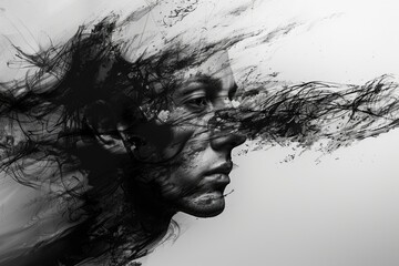 Fototapeta premium Surreal Abstract Portrait of a Man Blending with Artistic Ink and Brush Strokes