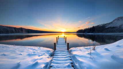 Scenic winter landscape of calm lake with wooden pier covered with snow and coniferous forest reflected in water in sunset time Nature photography, HD photography, Beautiful landscape