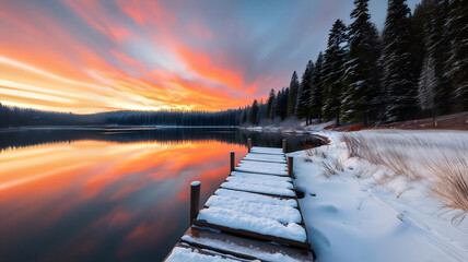 Scenic winter landscape of calm lake with wooden pier covered with snow and coniferous forest reflected in water in sunset time Nature photography, HD photography, Beautiful landscape