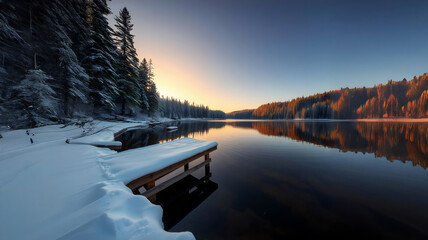 Scenic winter landscape of calm lake with wooden pier covered with snow and coniferous forest reflected in water in sunset time Nature photography, HD photography, Beautiful landscape