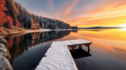 Scenic winter landscape of calm lake with wooden pier covered with snow and coniferous forest reflected in water in sunset time Nature photography, HD photography, Beautiful landscape