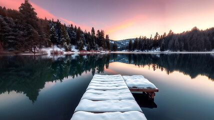 Scenic winter landscape of calm lake with wooden pier covered with snow and coniferous forest reflected in water in sunset time Nature photography, HD photography, Beautiful landscape