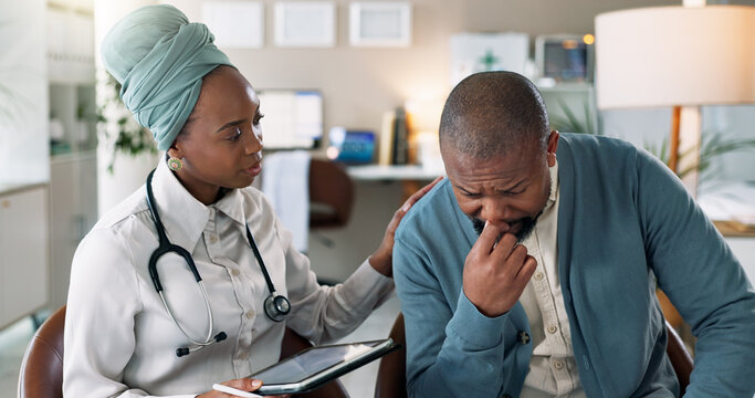 Man, support or doctor with tablet for healthcare, consulting or stress for diagnosis in clinic. Black people, cardiology or bad news in office for heart condition, sad or couseling for mental health