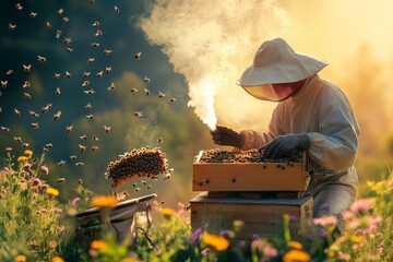A beekeeper using a smoker to calm bees before opening a hive, with bees flying between nearby wildflowers.