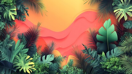 A colorful abstract background with tropical leaves framing a wavy orange and pink design.