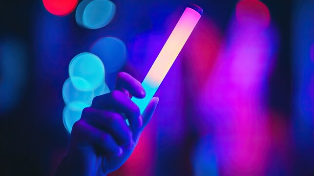 Hand holding a penlight (glowstick), hand, holding, penlight, glowstick, illuminated, dark, concert, event, music, party. 