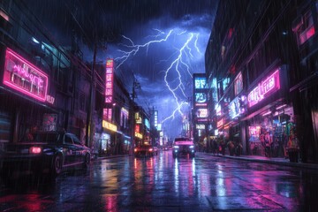 Obraz premium A city street during a lightning storm, with the neon lights of shops reflecting off the wet pavement under the bright flashes.