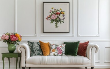 Naklejka premium A high-resolution photograph of a modern living room interior featuring white walls and a parquet floor; a central sofa adorned with a vase of flowers sits prominently