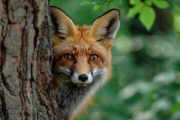 Fototapeta premium Red fox hiding behind tree in forest