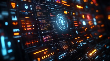 Obraz premium A futuristic user interface with glowing blue and orange digital elements.