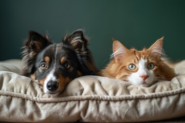 Dog and cat resting on plush bed