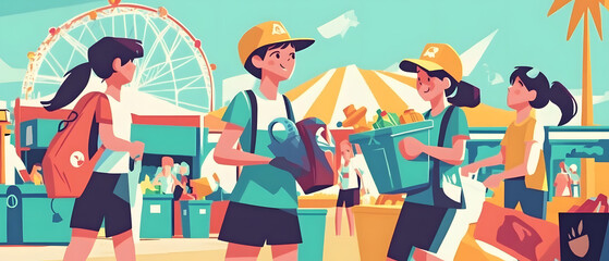 Innovative Recycling Activities in Different Locations: Engaging Scenes of Volunteers, Teens, and Children Participating in Eco-Friendly Efforts Across Parks, Beaches, Schools, and Festivals