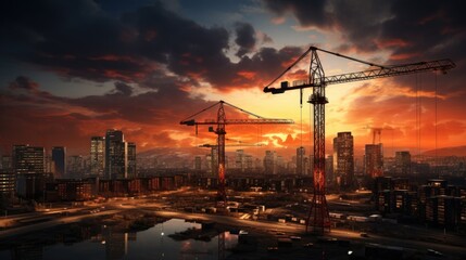 Fototapeta premium Tower cranes on construction. Urban and residential facilities at the initial stage of construction at sunset