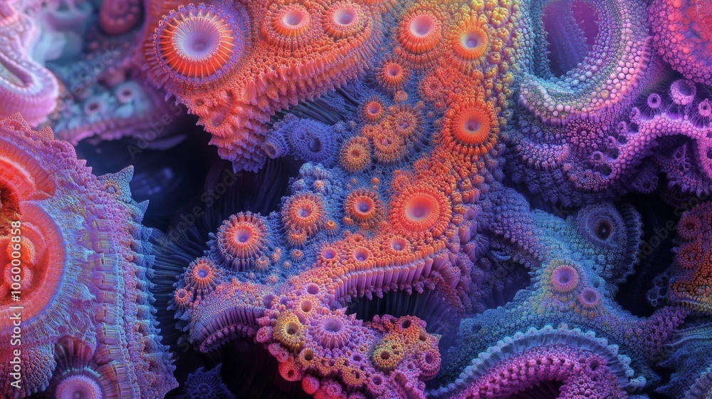 Poster A complex AI-generated fractal artwork, with evolving patterns that resemble futuristic coral reefs and digital architecture.