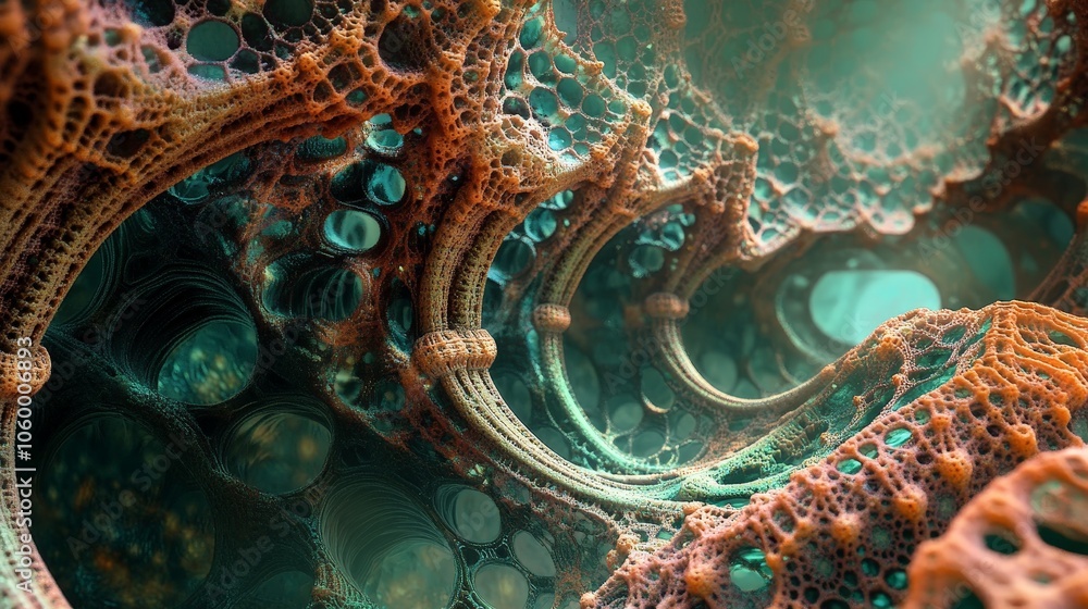 Poster a complex ai-generated fractal artwork, with evolving patterns that resemble futuristic coral reefs 