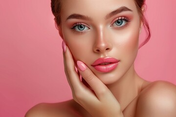 Fototapeta premium Woman with pink nails and makeup