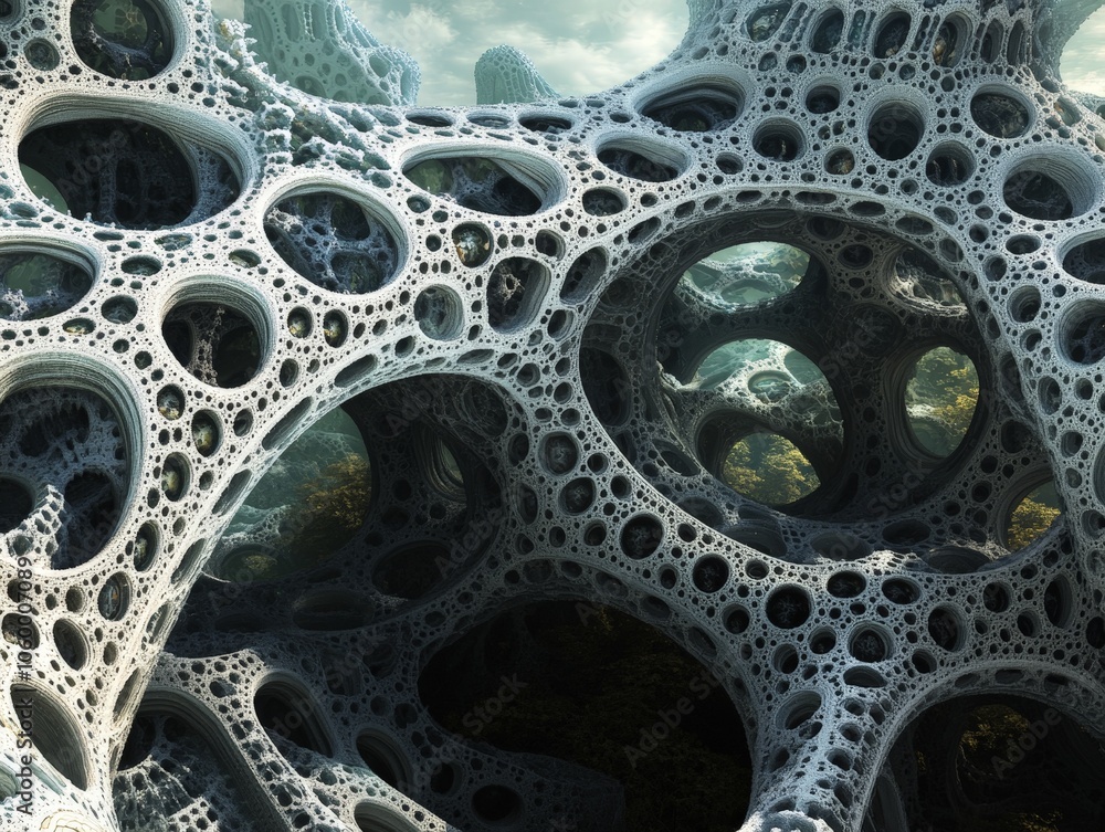 Poster a complex ai-generated fractal design, with evolving patterns that resemble futuristic architecture 