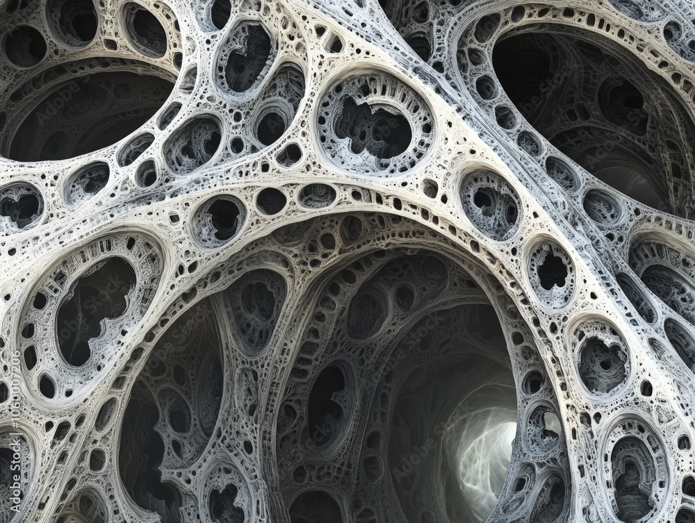 Poster a complex ai-generated fractal design, with evolving patterns that resemble futuristic architecture 
