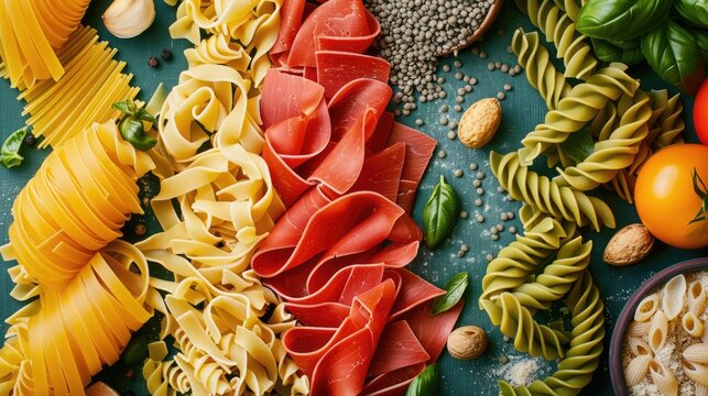 Raw Italian pasta seen from above