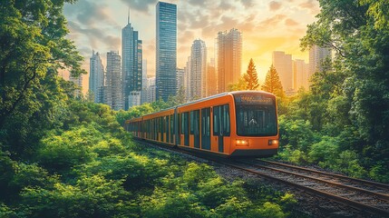 Obraz premium A modern train travels through a lush green forest with a cityscape skyline in the background. The sun is setting, casting a warm glow on the scene.