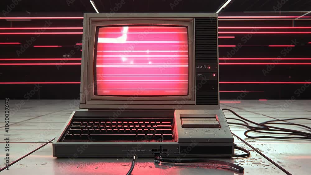 Poster a vintage computer sits in a dark room with red neon lights, its screen displaying a digital pattern