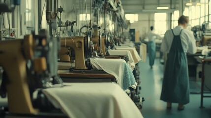 Fototapeta premium A textile factory with workers operating sewing machines.