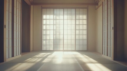 Obraz premium A bright, empty room featuring large windows, wooden parquet flooring, and simple architectural design, conveying a sense of openness and tranquility.