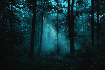 Obraz premium A dense forest lit up by flashes of lightning during a storm, casting eerie shadows among the trees.
