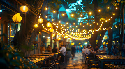 Bokeh background Street Bar beer restaurant, outdoor in asia, People sit chill out and hang out dinner and listen to music together in Avenue, Happy life ,work hard play hard