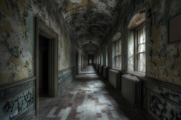 Fototapeta premium A dilapidated asylum, with long, dark hallways and peeling wallpaper, giving off a haunting atmosphere.
