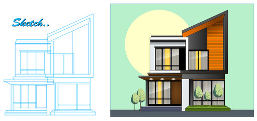 Obraz premium Template of Modern Minimalist House Design with Blueprint Sketch