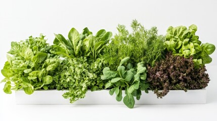 Fototapeta premium A display of hydroponic vegetables, featuring healthy green spinach, herbs, and arugula grown using sustainable methods, isolated on a white background