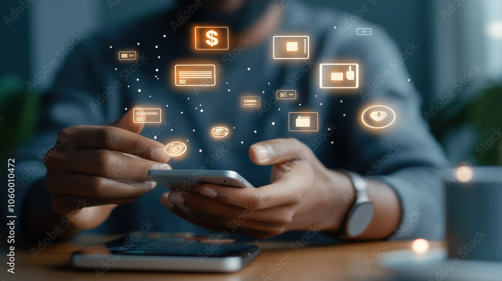 Poster a person interacts with a smartphone, surrounded by floating icons representing digital tasks includ