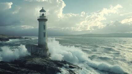 Obraz premium An old lighthouse standing tall on a rocky shore with waves crashing below.