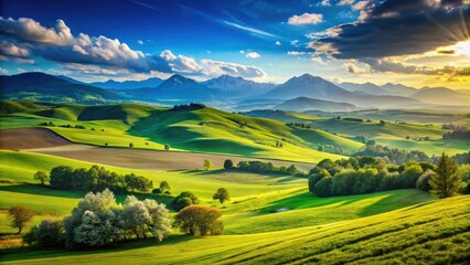 Serene Green Fields and Majestic Mountain Scenery with Open Sky - Nature Landscape Photography for Travel and Relaxation